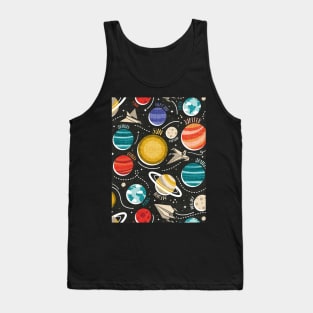 Paper space adventure II // pattern // black background multicoloured solar system paper cut planets origami paper spaceships and rockets Tank Top